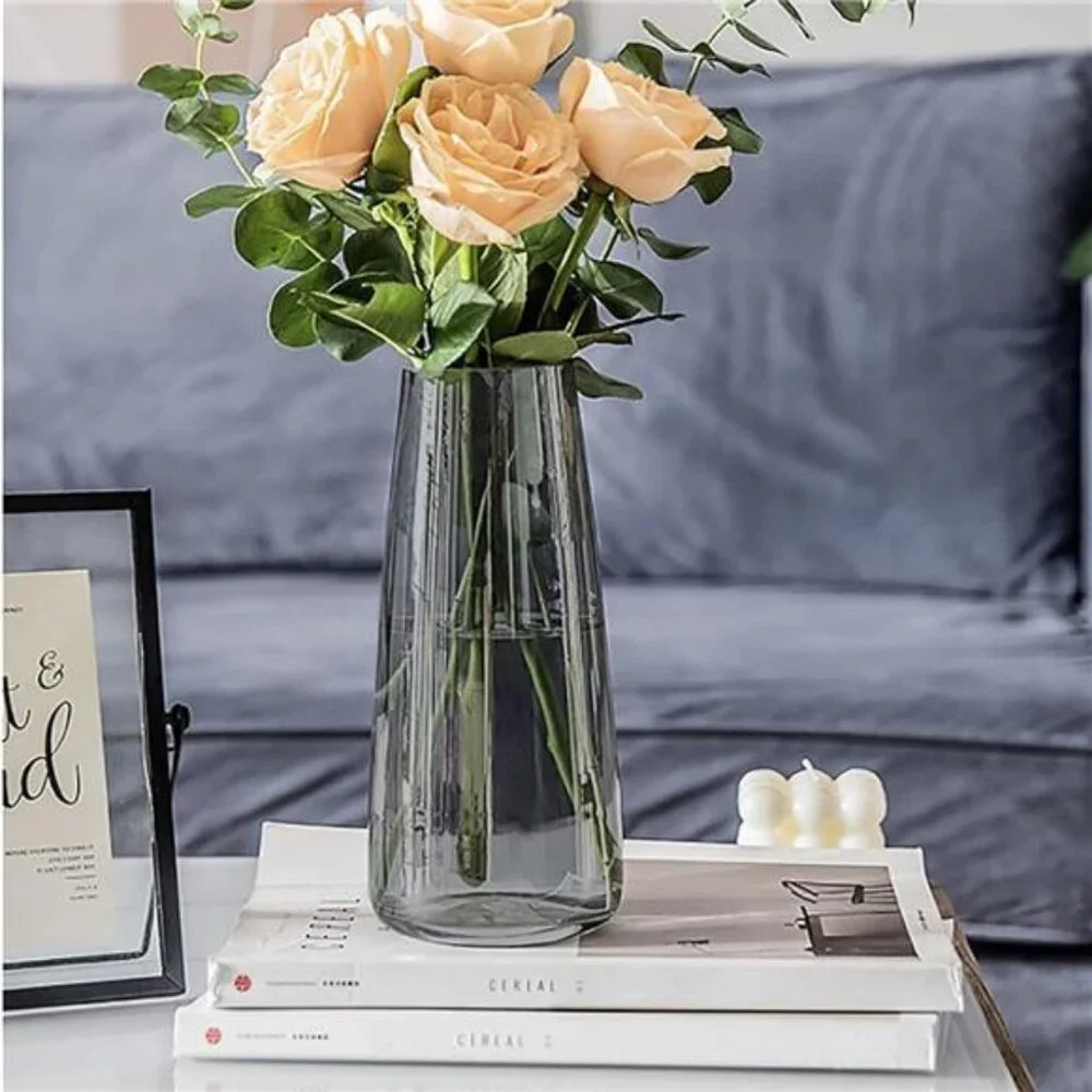 NEW West Elm XL Black Smoke Boho Clear Crystal Glass Cylinder Flower Vase Decor